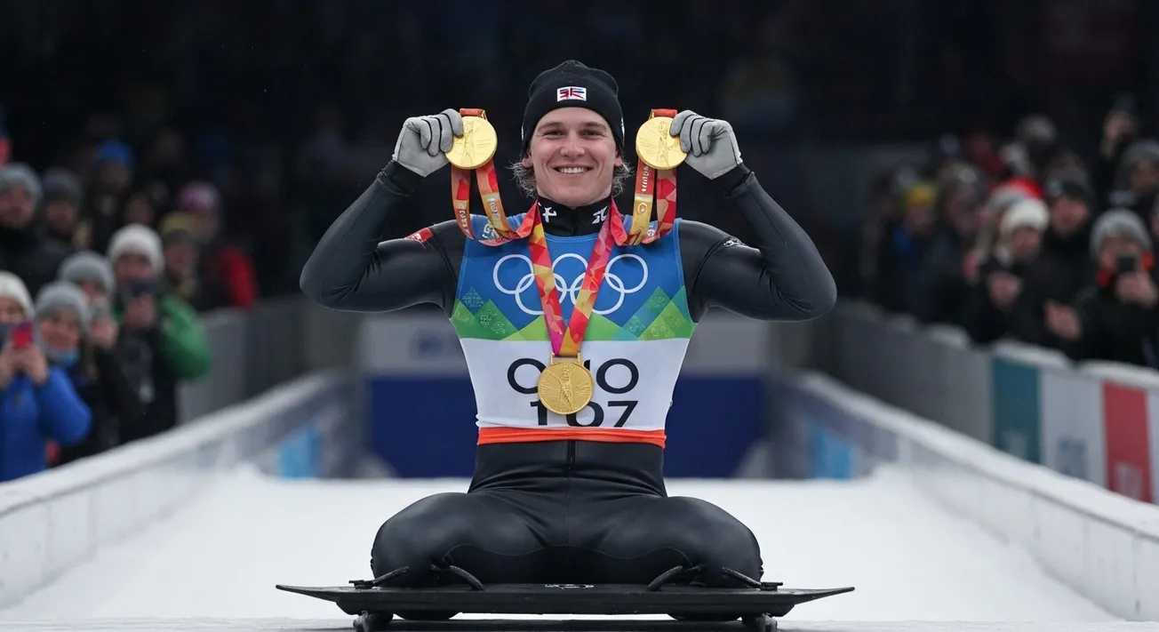 Matt Weston met twee gouden medailles op het olympisch podium