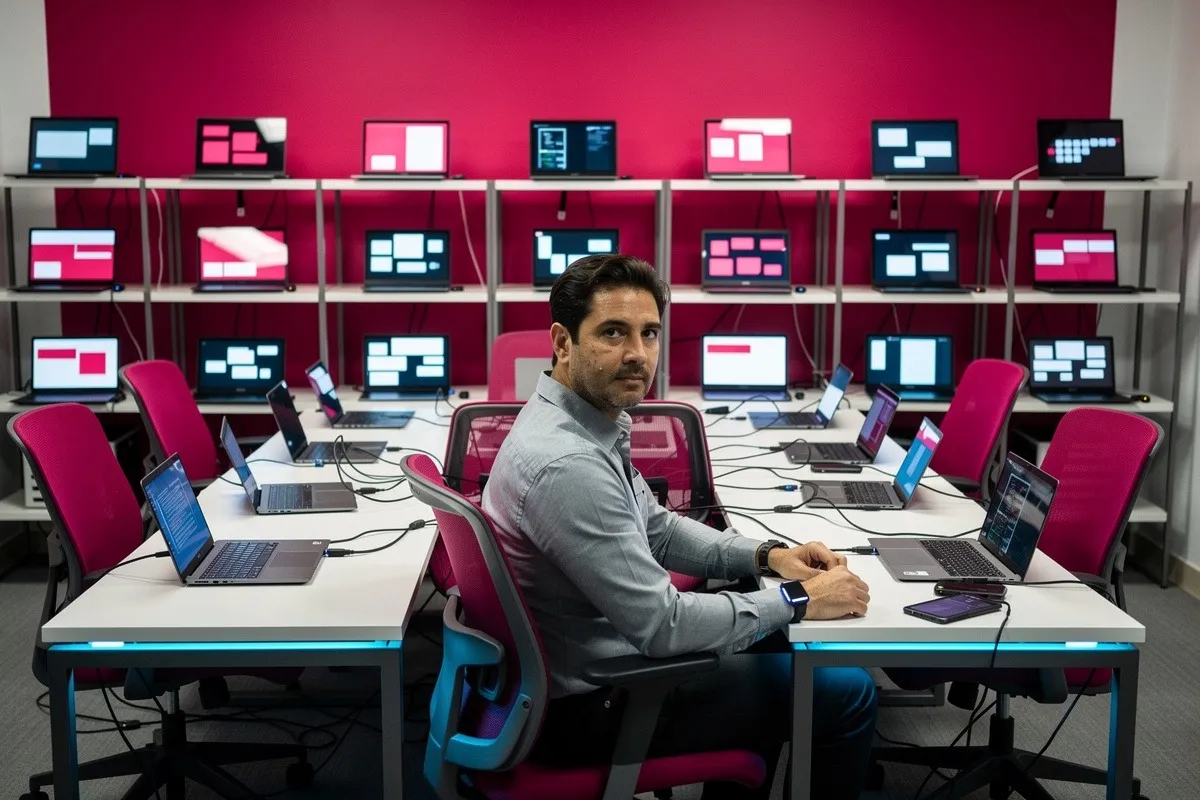 Man in grijs overhemd zit aan bureau in computerruimte met tientallen laptops en roze stoelen