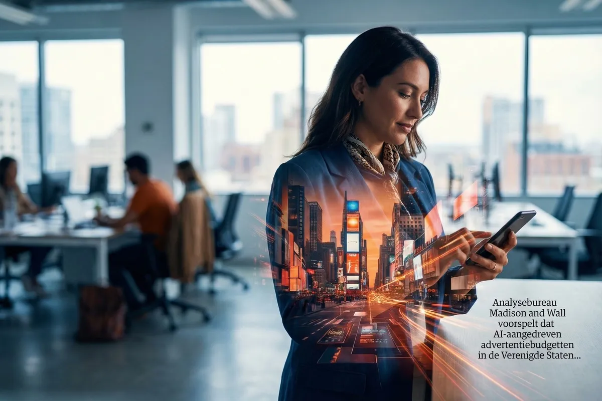 Vrouw in kantoor met smartphone, door dubbele belichting gecombineerd met stadsgezicht en digitale interface-elementen