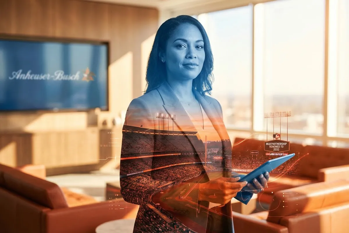 Vrouw met tablet in modern kantoor, dubbelbelichting met honkbalstadion en Anheuser-Busch logo zichtbaar