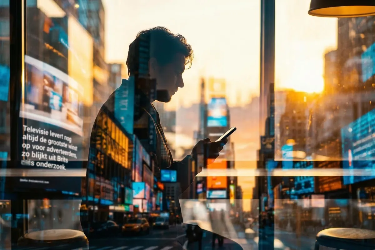 Silhouet van man met smartphone voor stadsraam bij zonsondergang, met weerspiegeling van digitale reclameborden