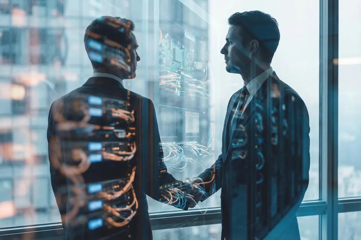 Twee zakenlieden in pak kijken elkaar aan, met projecties van circuit boards en digitale lijnen over hun silhouetten.