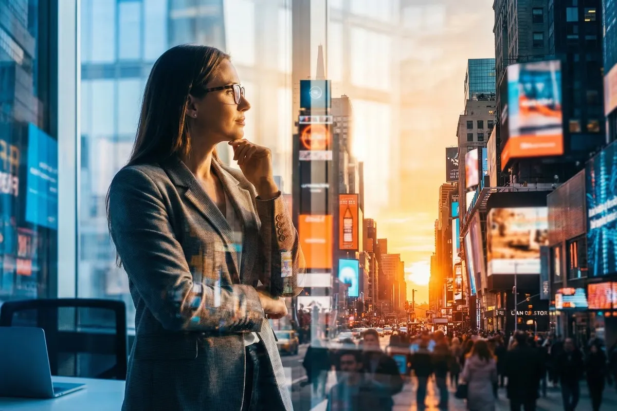 Zakenvrouw met koffie kijkt door raam naar drukke straat met wolkenkrabbers en digitale reclameschermen bij zonsondergang