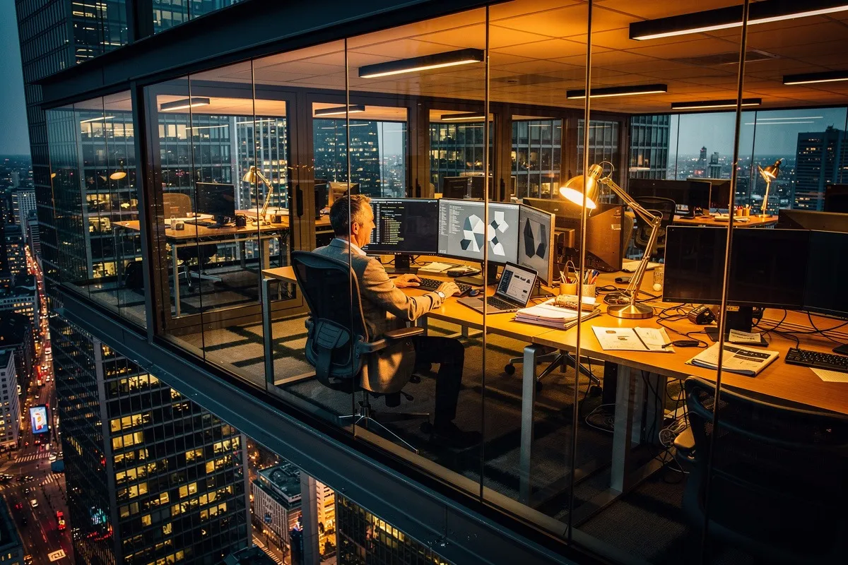 Man werkt 's avonds aan meerdere schermen in modern kantoor met glazen wanden en stadsgezicht