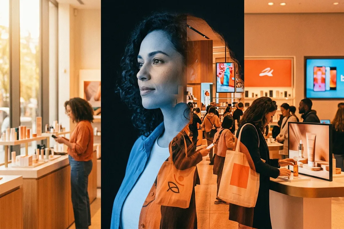 Vrouw met krullend haar kijkt zijwaarts in een moderne winkelruimte met oranje accenten en klanten op de achtergrond.