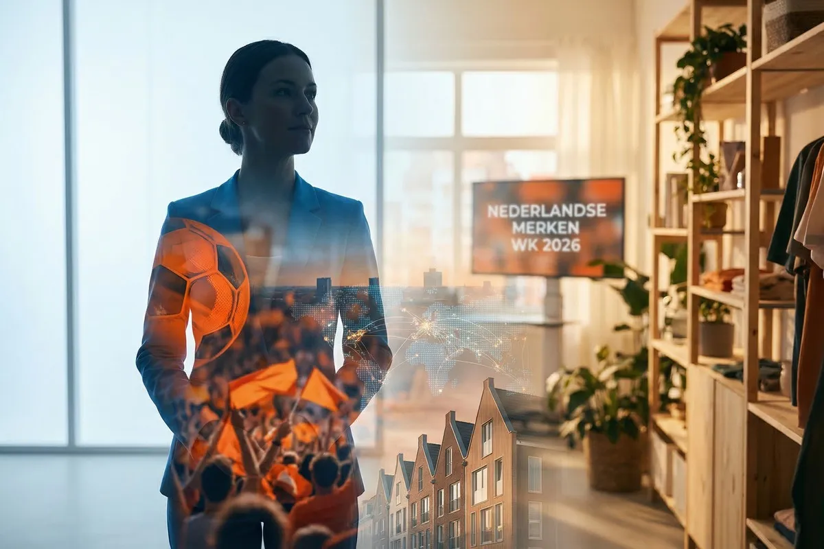 Dubbele belichting van zakenvrouw met voetbal, oranje menigte, wereldkaart en Nederlandse huisjes geprojecteerd