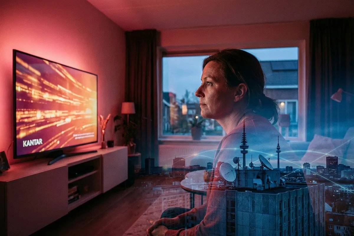 Vrouw kijkt naar tv-scherm in roze verlichte woonkamer, met transparante overlay van stadsgezicht met zendmasten