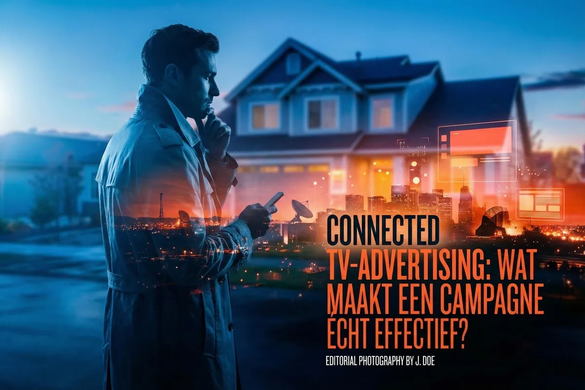 Man met telefoon voor verlicht huis, overlay met stadsgezicht, satellietschotels en schermen in blauw-oranje tinten