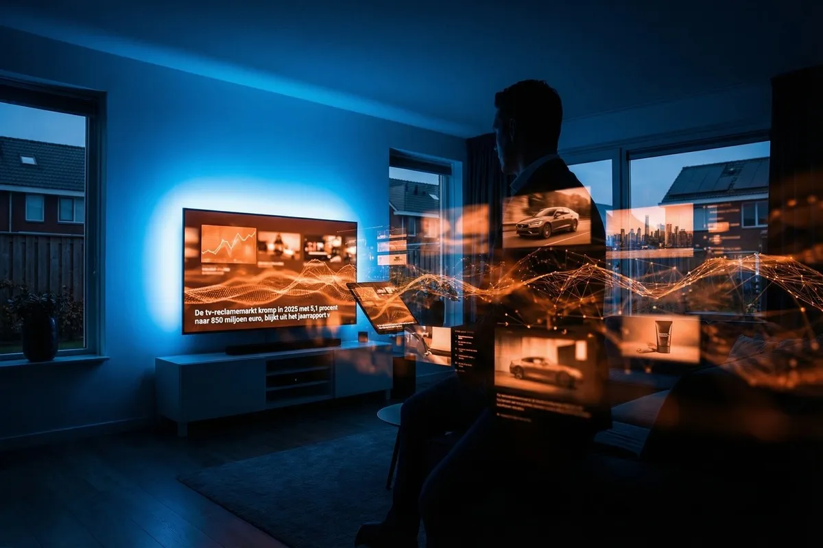 Man in blauwe woonkamer kijkt naar tv met grafiek, omringd door zwevende digitale schermen en datavisualisaties