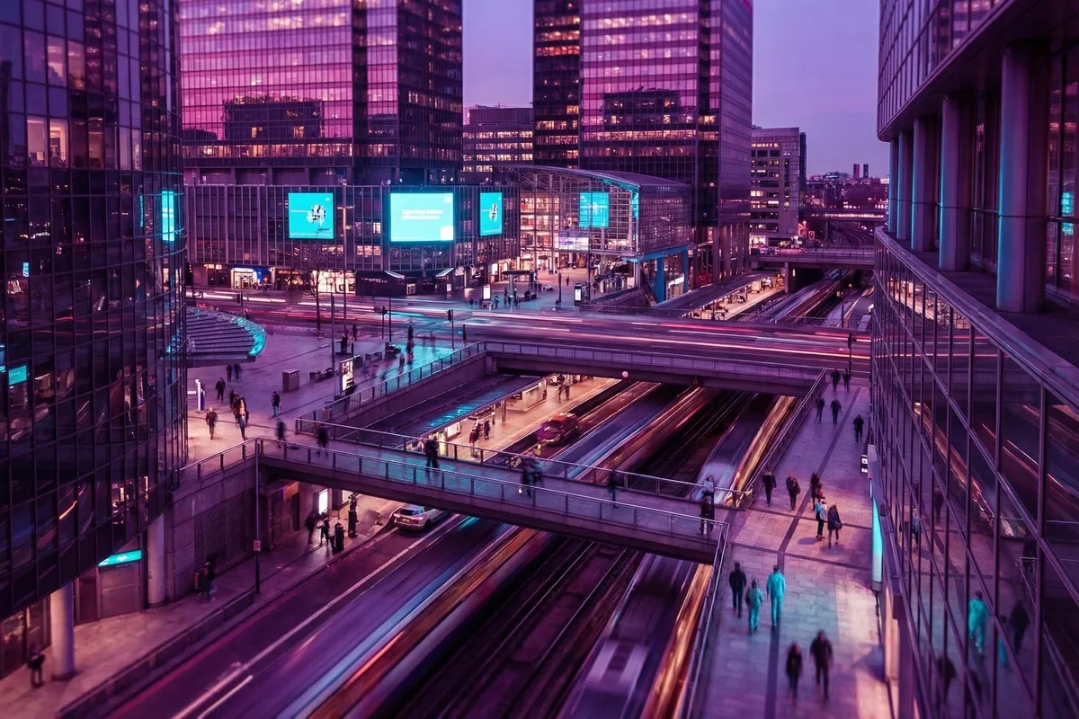 Modern stedelijk knooppunt bij schemering met verlichte wolkenkrabbers, bruggen, digitale schermen en bewegende verkeerslichten in paars-cyaan tinten.