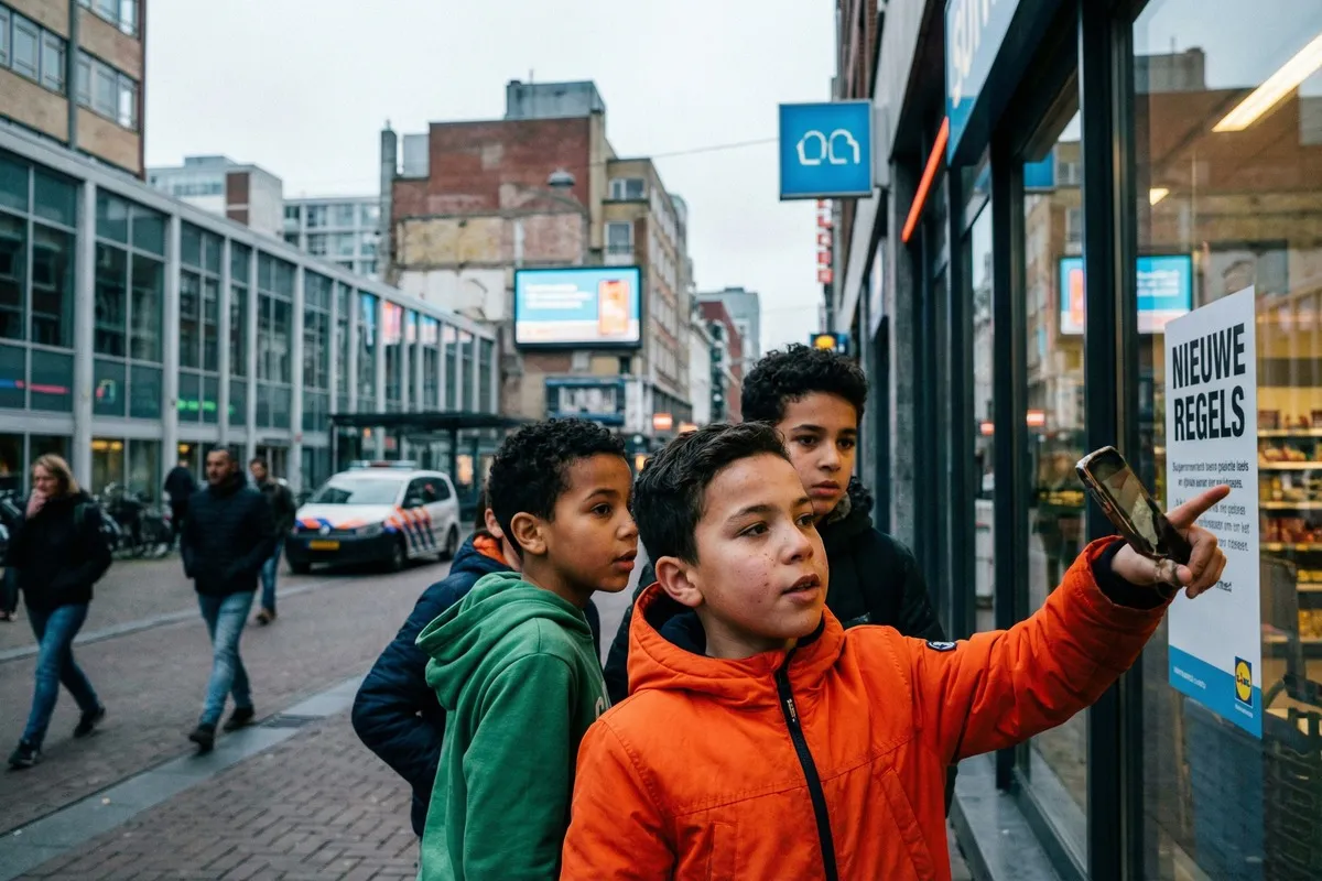 Drie jongens in felle jassen maken een selfie voor een winkelruit in een stedelijke straat.