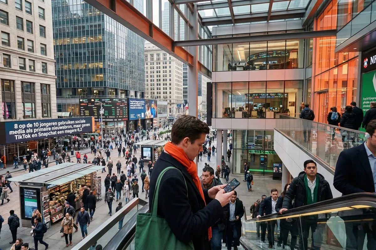 Jongeman in oranje hoodie bekijkt smartphone op roltrap in druk winkelcentrum, omringd door voetgangers en moderne architectuur.