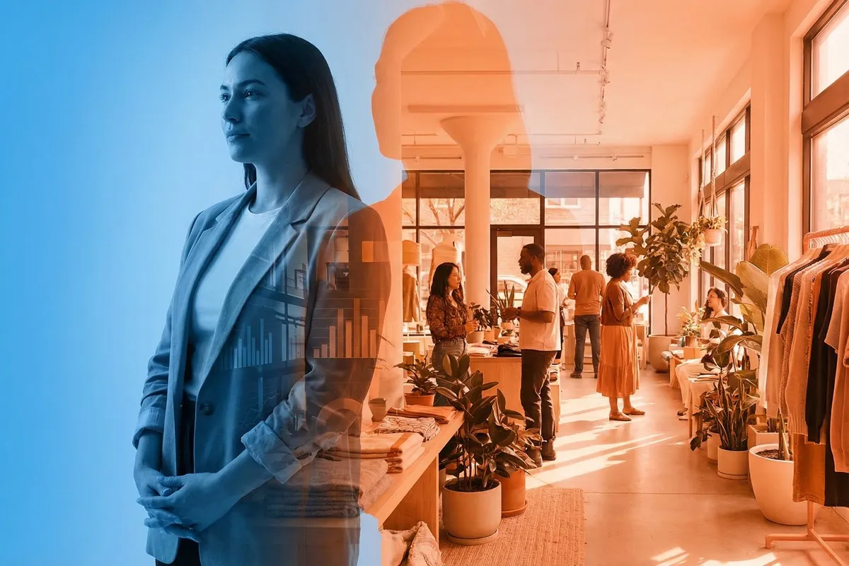 Vrouw in blauw pak met daaroverheen transparant analytics-dashboard, rechts kantooromgeving met mensen in warm licht