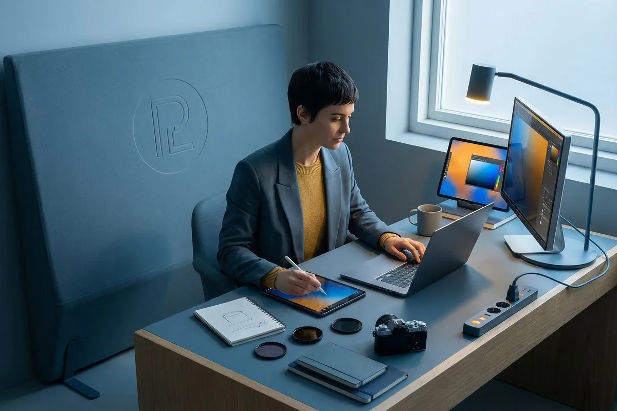 Persoon in geel trui en grijs jasje werkt aan laptop en tekentablet op modern bureau met camera en schermen