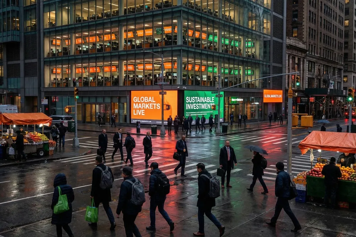 Drukke stadsstraat met voetgangers bij zebrapad, moderne glazen kantoorgebouwen met oranje en groene verlichte schermen, fruitkramen.
