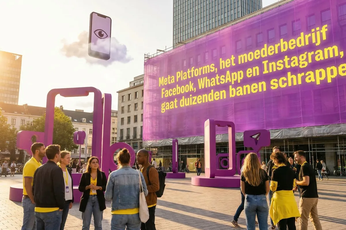 Mensen op plein bij grote paarse Meta-installatie met telefoon-sculpturen, banner in Nederlands over platforms boven gebouw