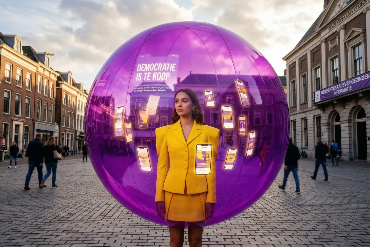 Vrouw in geel pak staat in paarse bol met smartphones en tekst 'Democratie is te koop' op stadsplein