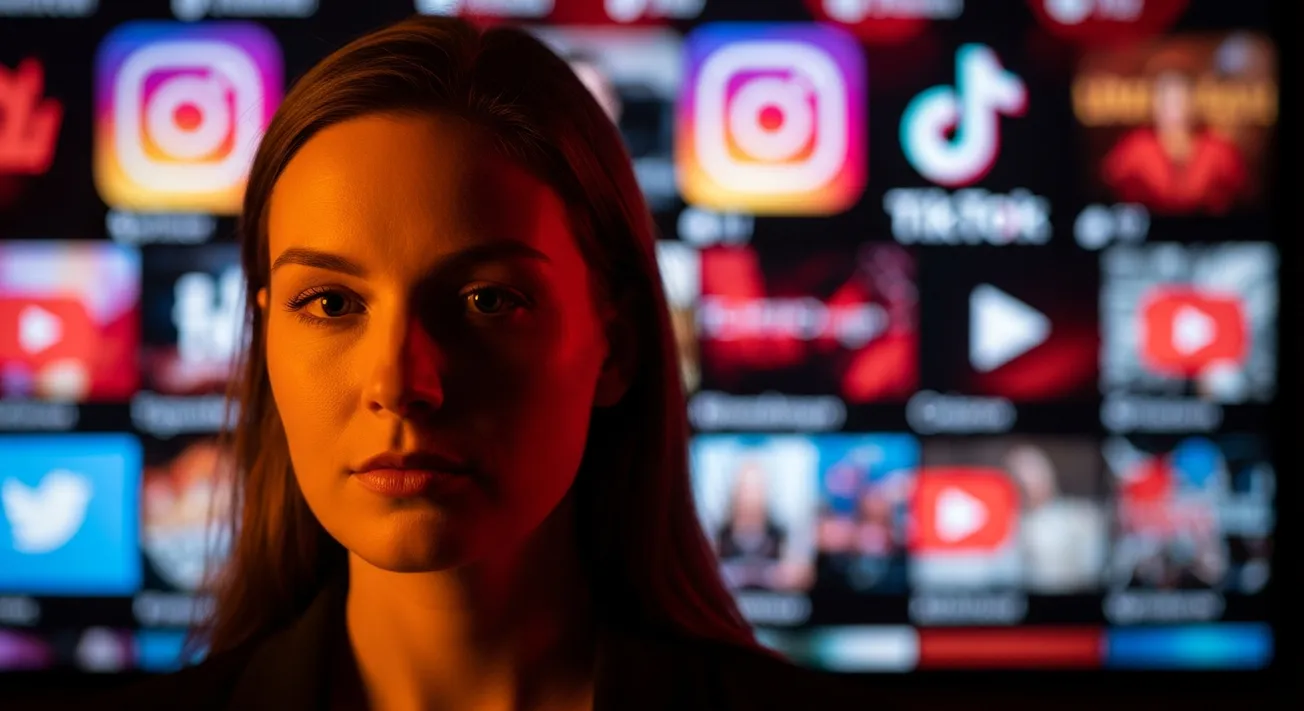 Vrouw met kritische blik, omgeven door sociale media iconen