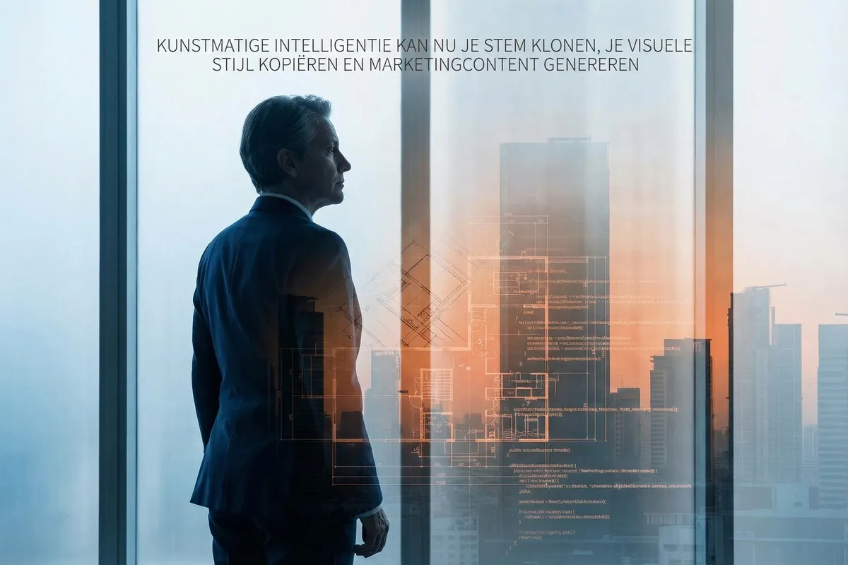 Zakenman in pak kijkt uit raam naar stadsgezicht, met datacode en visualisaties over zijn silhouet geprojecteerd