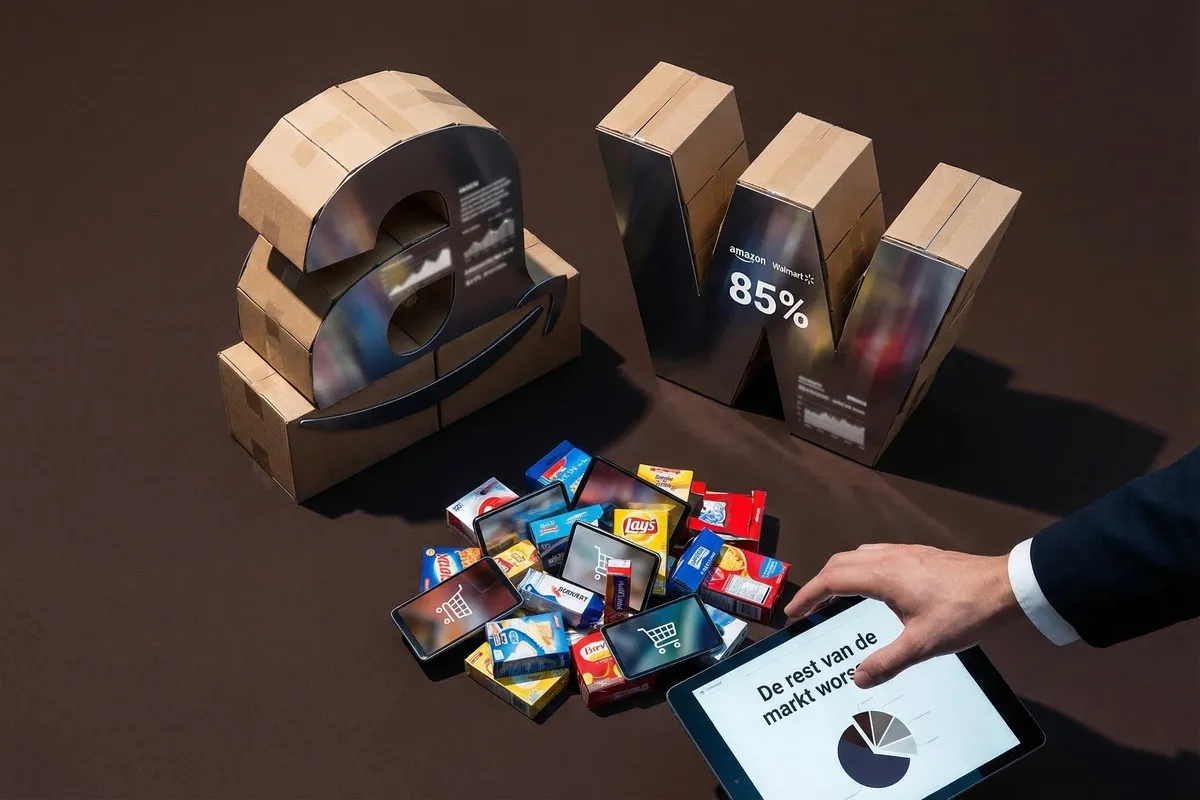 Hand bij tablet met grafiek, omringd door miniatuur pakjes en smartphones met winkelwagen-iconen, naast Amazon/Walmart-logo's