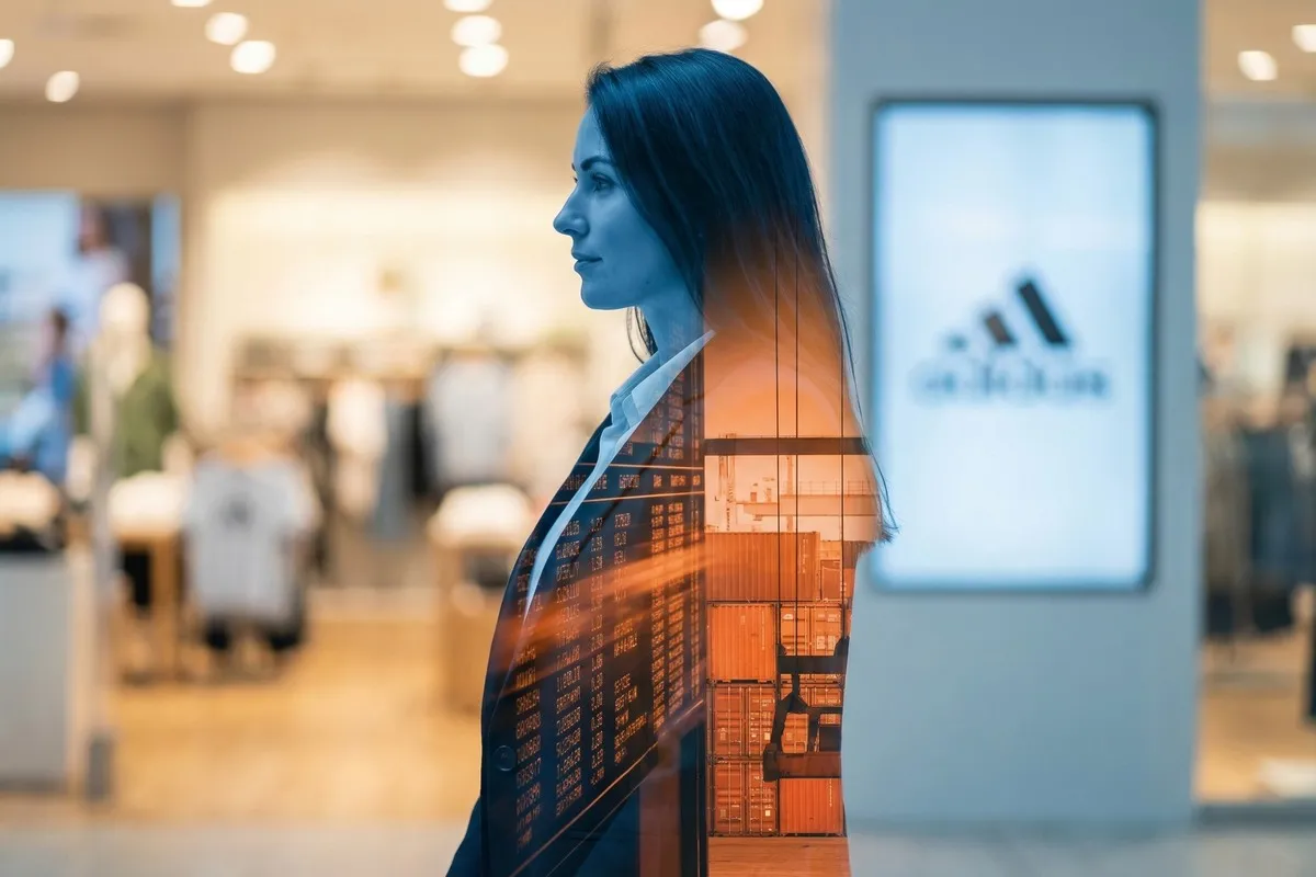 Vrouw in profiel met dubbele belichting van magazijn en cijfers, in moderne winkelomgeving met Adidas-logo