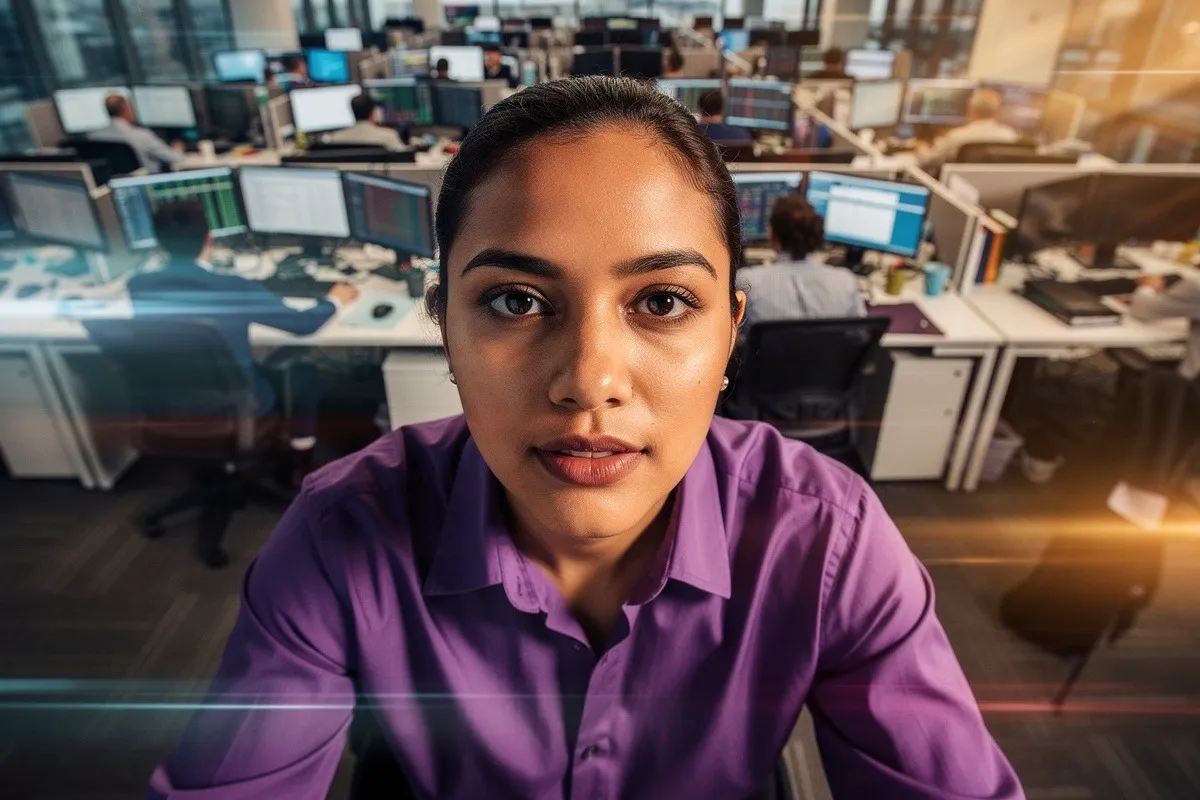 Vrouw in paars shirt kijkt frontaal in camera, zit aan bureau in druk kantoor met computerschermen