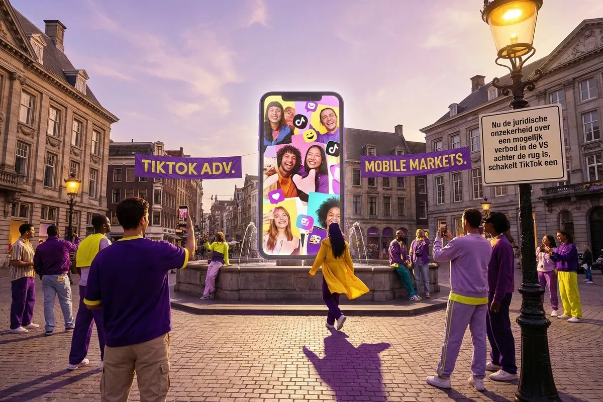 Gigantisch smartphone-billboard met TikTok-content op stadsplein, omringd door mensen in paars-gele kleding bij fontein.