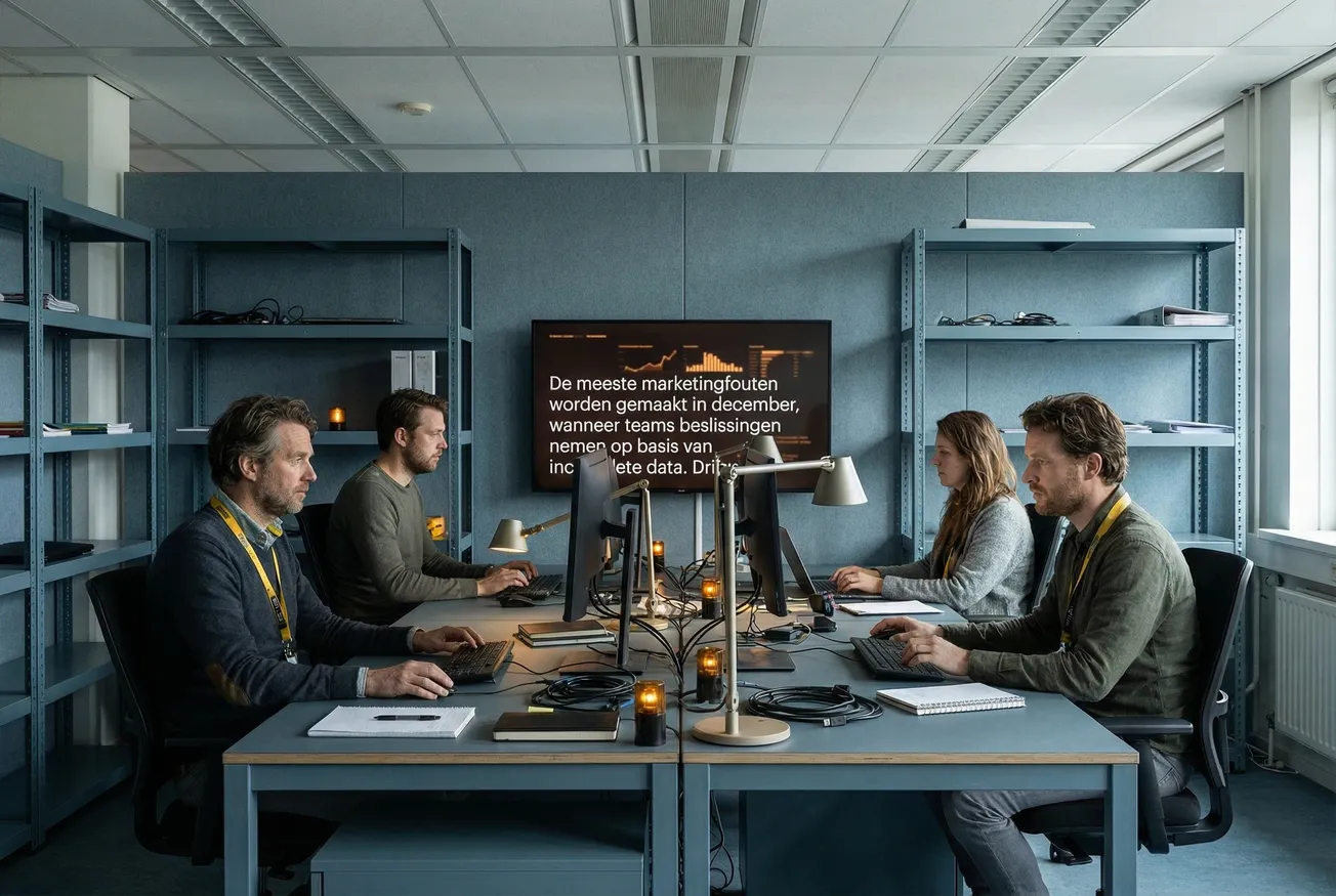 Man aan bureau met meerdere monitoren, hoofd omringd door digitale hologrammen in roze en blauw licht