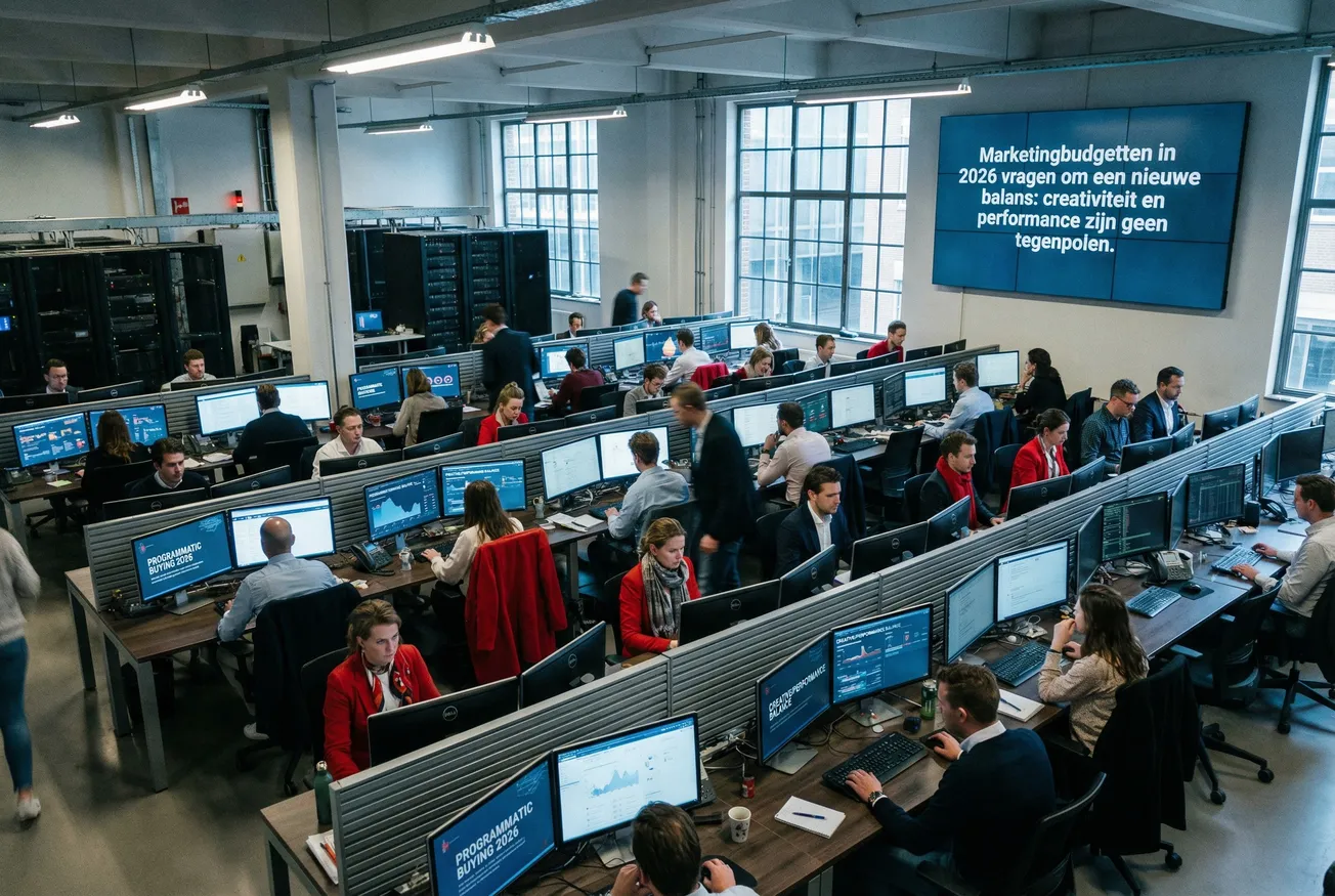 Futuristische kantooromgeving in blauw licht met professionals aan werkstations en vergadertafel met digitale data-visualisaties
