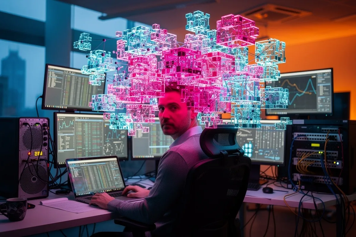 Man aan bureau met meerdere monitoren, hoofd omringd door digitale hologrammen in roze en blauw licht