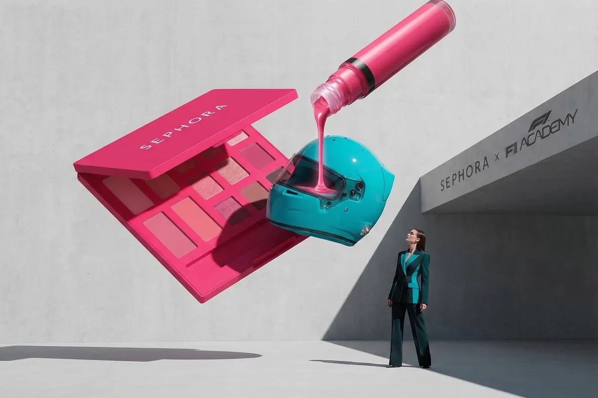 Vrouw in turquoise pak kijkt op naar gigantische zwevende Sephora-palette, lipgloss en poederdoos in minimalistische setting