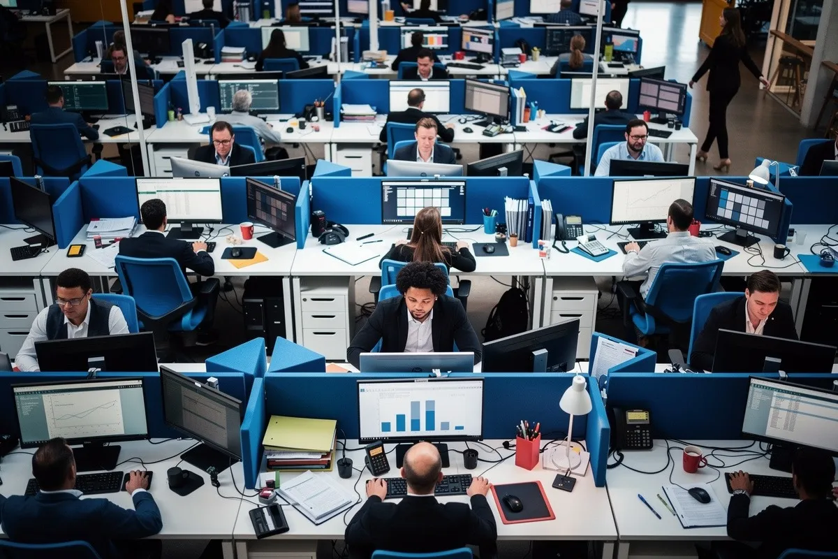 Groot open kantoor met tientallen medewerkers achter computermonitoren aan witte bureaus met blauwe scheidingswanden