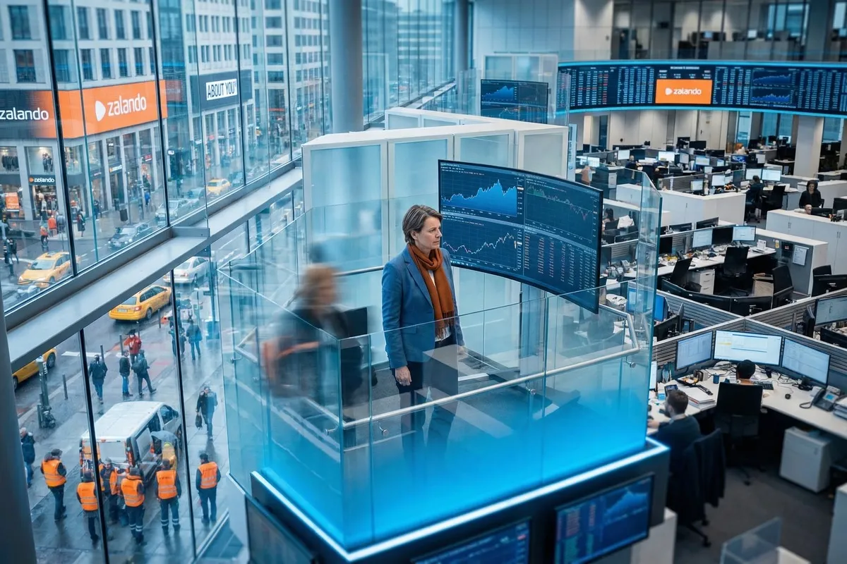 Vrouw in pak op glazen trap in Zalando-kantoor met financiële grafieken op schermen, werknemers op achtergrond