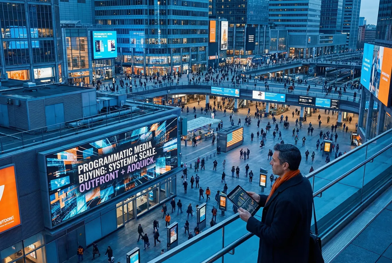 Futuristische datacentrum met oranje schermen en visualisaties, arbeiders in veiligheidsvesten, tekst 'OUTFRONT + ADQUICK' en 'MEDIA BUYING SYSTEM'