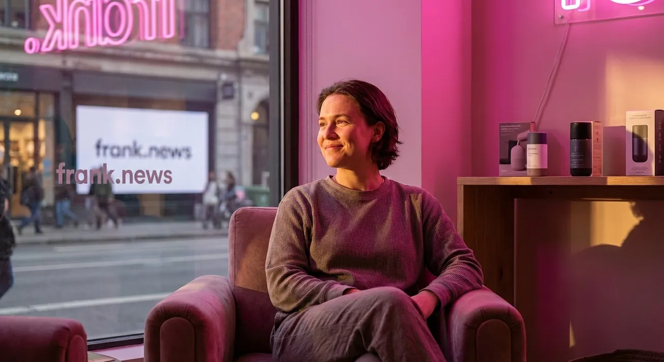 Persoon zit ontspannen in roze fauteuil bij raam met frank.news logo, roze interieur met productdisplay