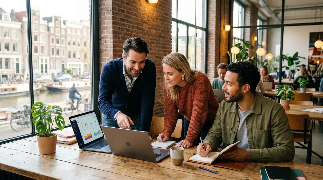 Marketingprofessionals in overleg in een modern Amsterdams kantoor met grachtenzicht