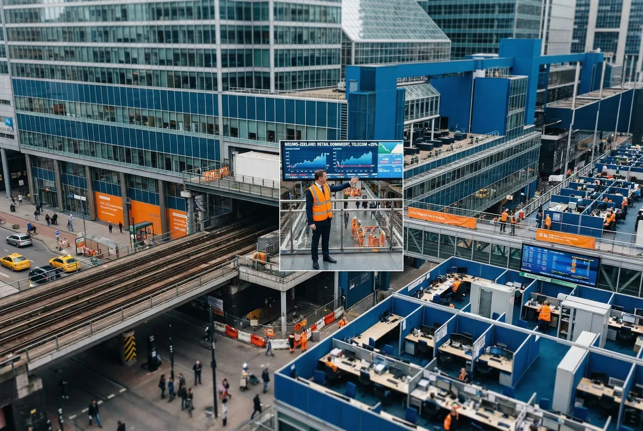 Druk kruispunt met zebrastrepen, oranje bussen, voetgangers en moderne kantoorgebouwen met digitale schermen in turquoise en oranje
