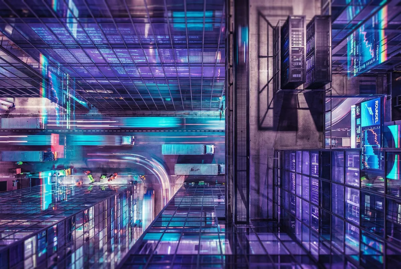 Conceptuele 3D render van winkelschap transformerend naar digitaal advertentiescherm