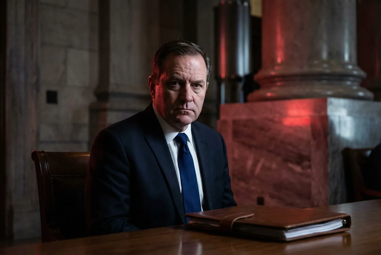 Man in donker pak staat voor modern kantoorgebouw met glazen deuren, blauw-geel kleurfilter