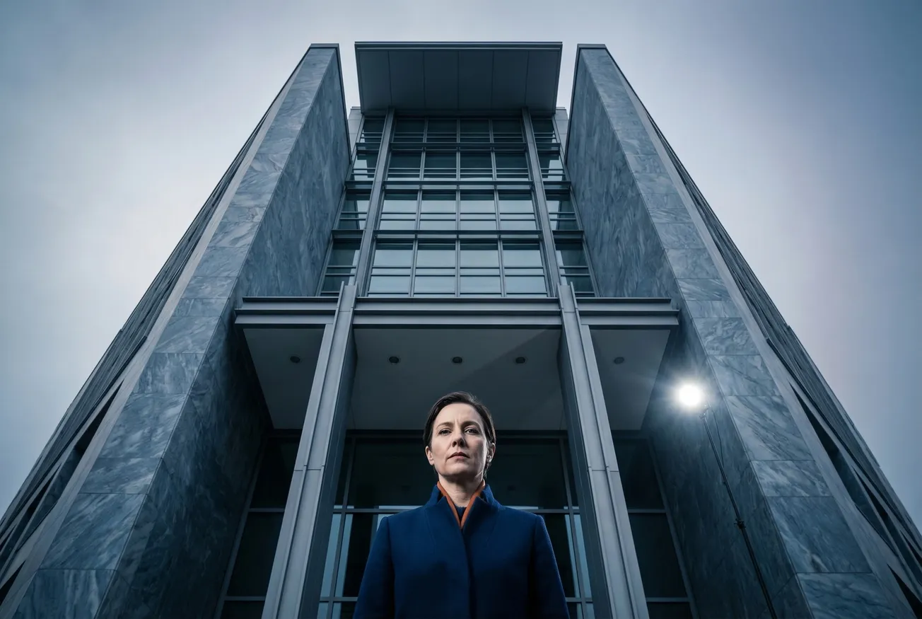 Man in donker pak zit aan lege vergadertafel in modern kantoor met glazen wanden