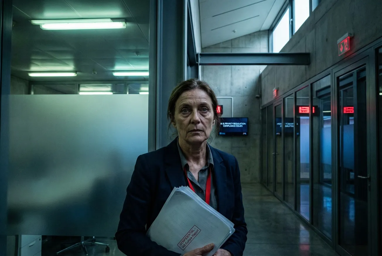 Close-up portret van een man in blauw-grijze tint voor moderne betonnen architectuur met frank.news branding