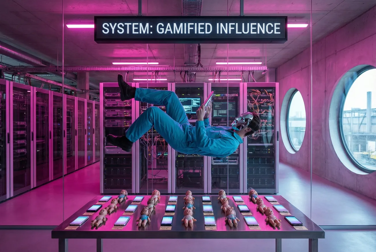 Persoon met headset houdt smartphone voor gezicht met holografische interface-elementen, in serverruimte met blauwe verlichting