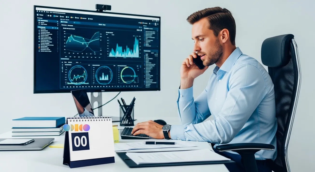 Man telefoneert aan bureau met cybersecurity-dashboard op scherm — Odido-logo op bureaukalender op de voorgrond