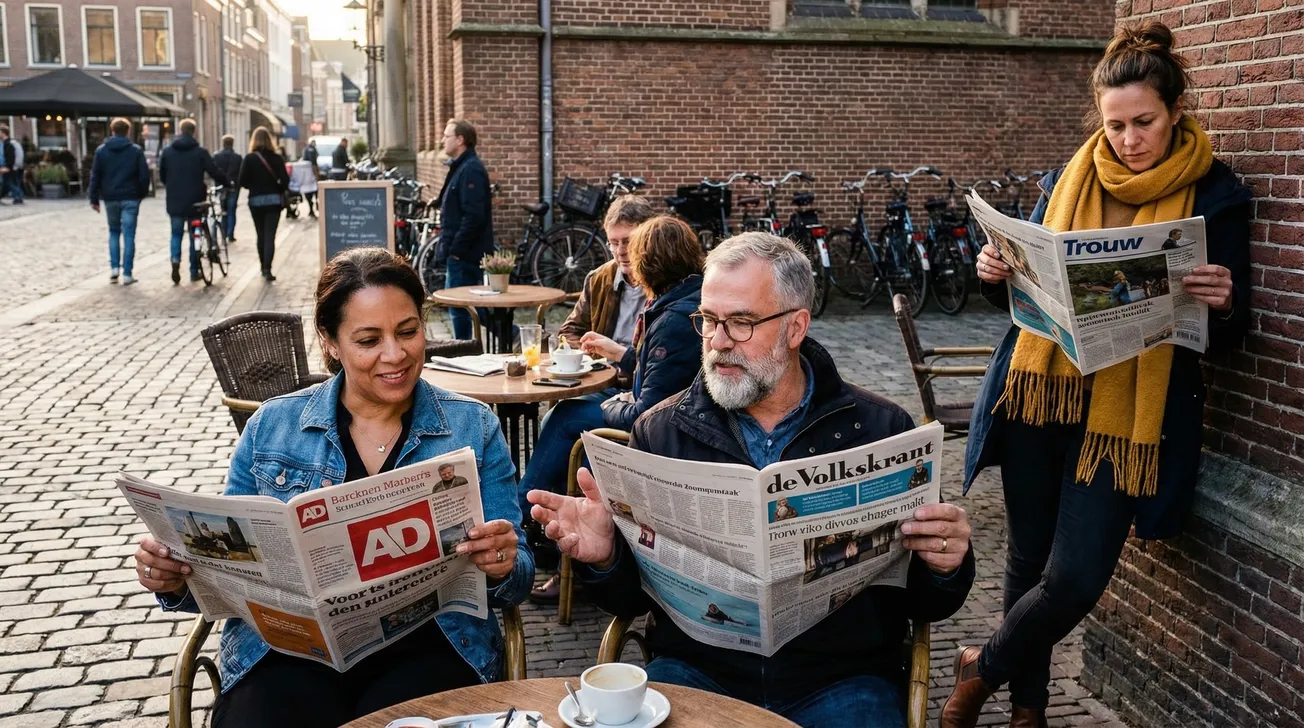 Drie mensen lezen Nederlandse kranten — AD, de Volkskrant en Trouw — op een terras in een Nederlandse stad
