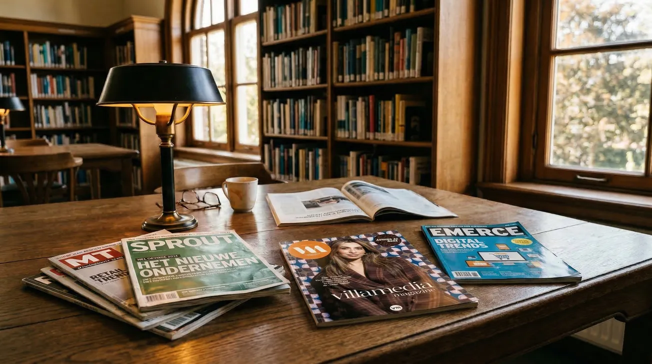 Verdwenen gedrukte vakbladen — Villamedia Magazine, Emerce, MT en Sprout — op een leestafel in een bibliotheek