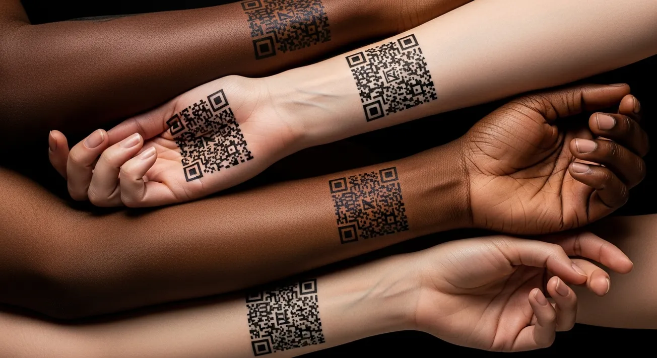 Armen met QR-code tatoeages — de grens tussen digitale identiteit en het menselijk lichaam